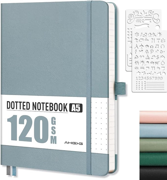 AHGXG Dotted Journal - Dot Grid Notebook Journal, 120 GSM Thick Acid-Free Paper, A5 Dotted Notebook 160 Pages, Leather Hardcover, Inner Pocket, Journal Stencil, 5.7'' × 8.3'', Gray Blue
