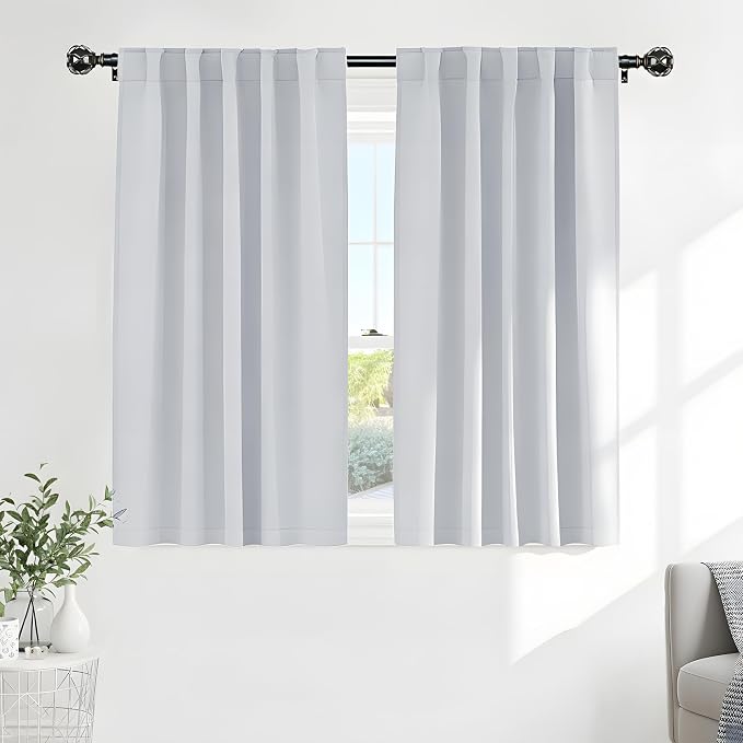 PONY DANCE 60% Light Blocking Curtains 48 inch Long for Short Small Window, Rod Pocket/Back Tab Thermal Insulated Room Darkening Curtains for Kitchen/Cabinet(2 Panels, W42 x L48 inch, Greyish White)