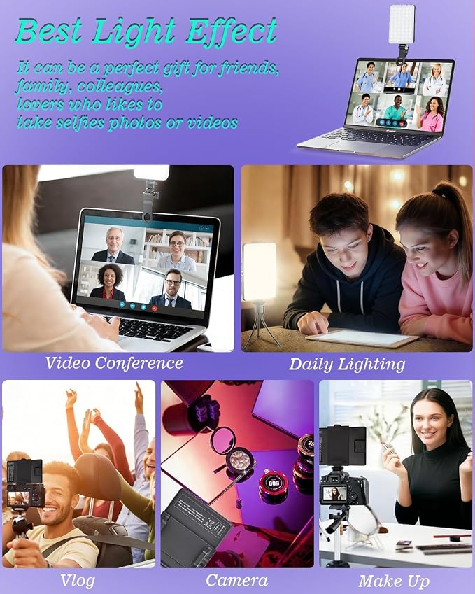 60 LED Portable Selfie Light Video Conference Lighting with Clip & Camera Tripod Adapter Rechargeable 2000mAh CRI 97+, 3 Light Modes for Phone iPhone Webcam Laptop Photo Makeup (Black)