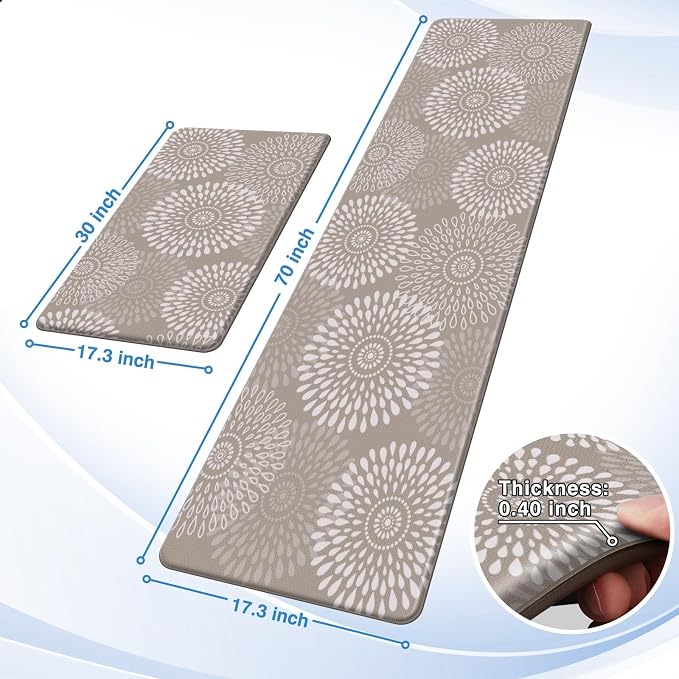 LuxStep Kitchen Mats for Floor,0.40 inch Cushioned Rug Anti-Fatigue Mats for Kitchen Decor Accessories,Waterproof Non-Slip Mats and Rugs Set for Office,Laundry 17.3"×29"+17.3"×47",Khaki