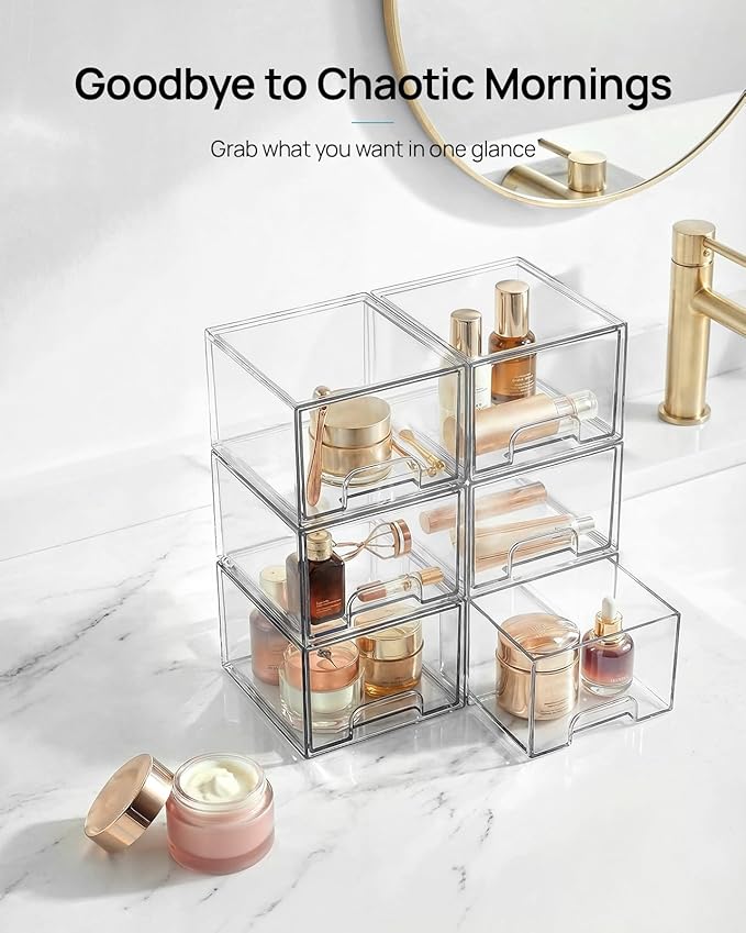 Vtopmart 8 Pack Small Clear Stackable Storage Drawers, Acrylic Bathroom Makeup Organizer, Plastic Storage Bins for Vanity, Undersink, Kitchen Cabinets, Pantry, Home Organization