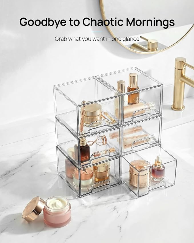 Vtopmart 4 Pack Small Clear Stackable Storage Drawers,Acrylic Bathroom Makeup Organizer,Plastic Storage Bins for Vanity, Undersink, Kitchen Cabinets, Pantry, Home Organization