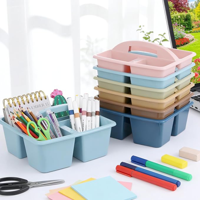gisgfim 6 Pack Classroom Caddy with Handle Plastic Storage Caddy Organizer with 3 Compartments Desk Caddies Holder Portable Storage Bin for Pencil, Crayon, Marker, Home, Office, School Supply(Retro)