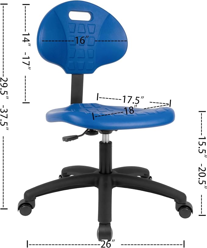 Table Height Chair/Stool-Easy to Clean! Deluxe Ergonomic Polyurethane Chair. 5" of Height Adj (15.5"-20.5") 450 lb Capacity. Automotive, Lab, Garage, Home, Office (Self Braking, Blue)