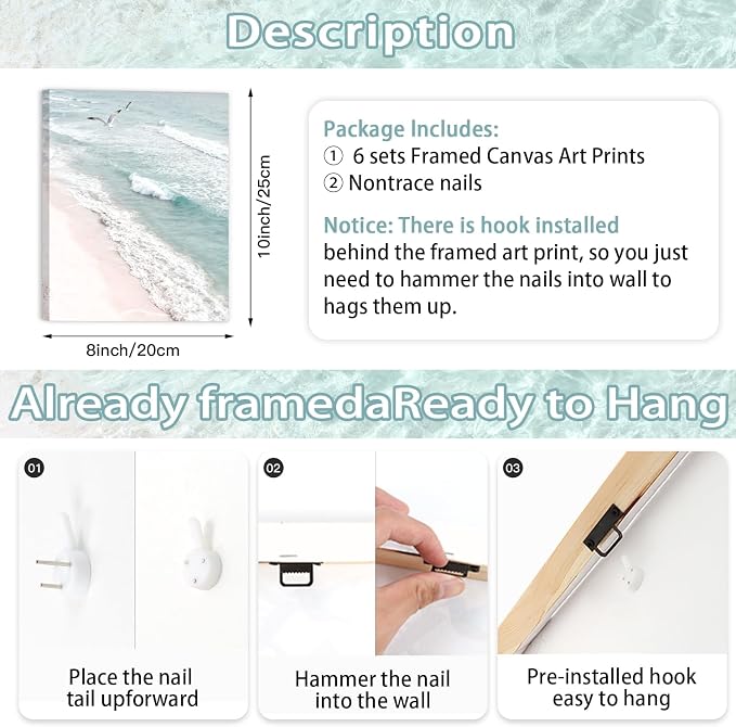 CHDITB Beach Framed Canvas Wall Art, Coastal Palm Tree Artwork, Tropical Ocean Wall Decor, Boho Surfboard Poster, Pink Aesthetic Summer wave Art Prints For Living Room Seaside Cottage Decor 8”X10”x6