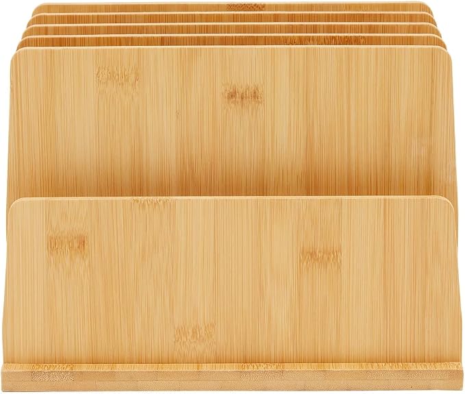 Bamboo Wooden Mail Holder, File Sorter for Letter and Folder Document Storage, Envelope Organizer with 5 Slots for Office Desk, Countertop, Home Organization (10x7 in)