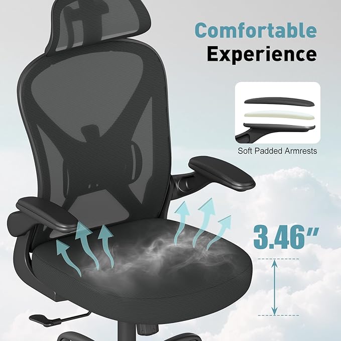 Ergonomic Office Chair with Adjustable Lumbar Support and Headrest, 300 lbs Swivel Desk Chair with Flip-Up Arms, Mesh Comfy Padded Seat for Computer and Home, Black