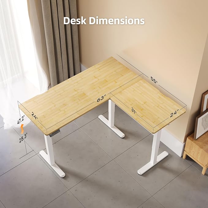 Claiks L Shaped Standing Desk Dual Motor 63x55 Inch Bamboo | Height Adjustable 28.5 to 47.2 Inches, 220lbs Capacity, Sturdy Steel Frame, Splice Board Included
