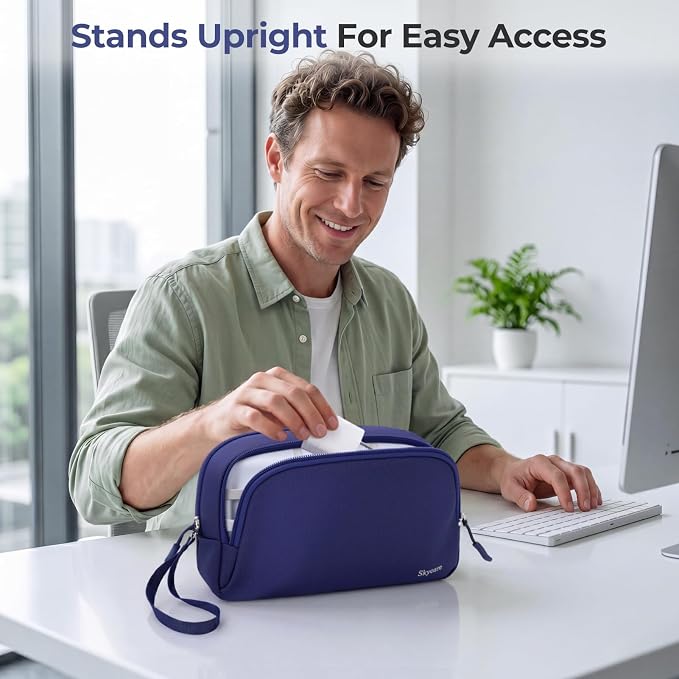 Skycase Travel Cable Organizer - Lightweight Water Resistant Dual-Layer Tech Pouch with Wrist Strap 9 Compartments Electronic Organizer Travel Case for Charger Cord Hard Drive,Small,Blue