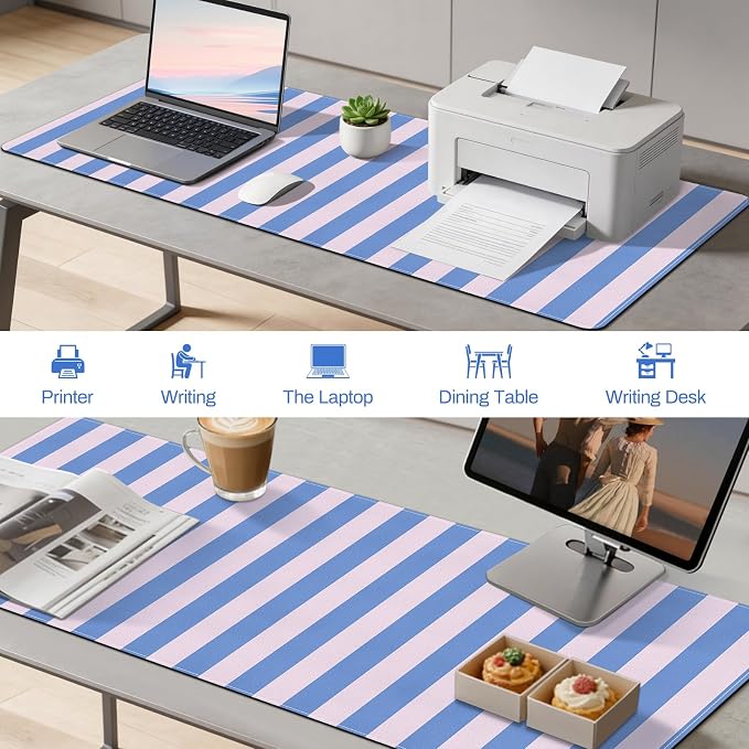 Leather Desk Pad Protector, Striped Mouse Pad, Blue Pink Office Desk Mat, Non-Slip PU Leather Desk Blotter,Laptop Desktop Pad Waterproof Desk Writing Pad for Office Home