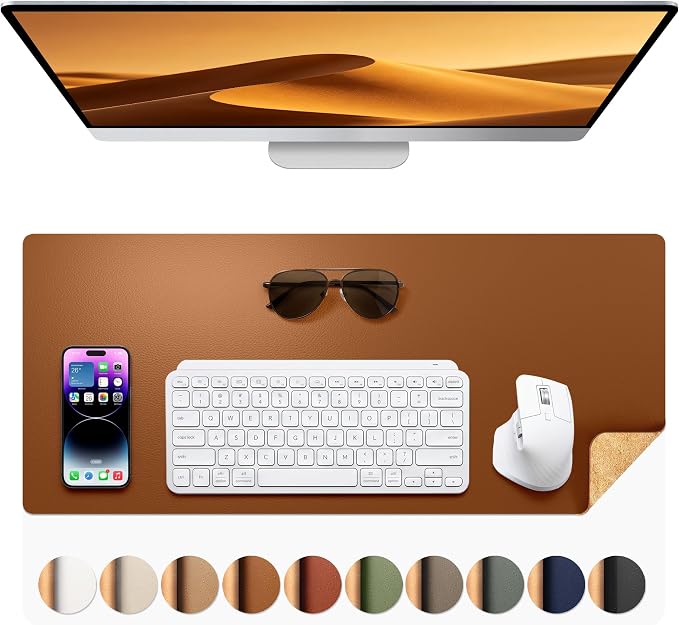Aothia Double-Sided Desk Pad, Leather Desk Mat, Eco Cork Desk Pad Protector, Large Mouse Pad, Waterproof Desk Blotter Protector for Office/Home (25.6"x13.7", Brown)
