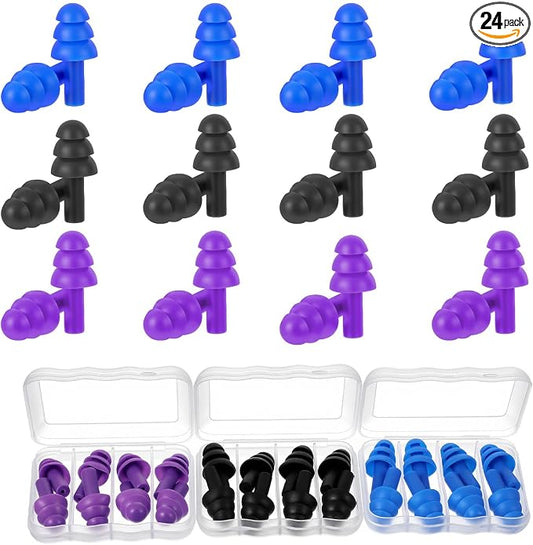 Nogeqi 12 Pairs Reusable Ear Plugs for Sleeping Silicone Earplugs Soft for Swimming Noise Cancelling for Snoring, Concert, Work, Study, Noisy Places (Black Blue Purple)