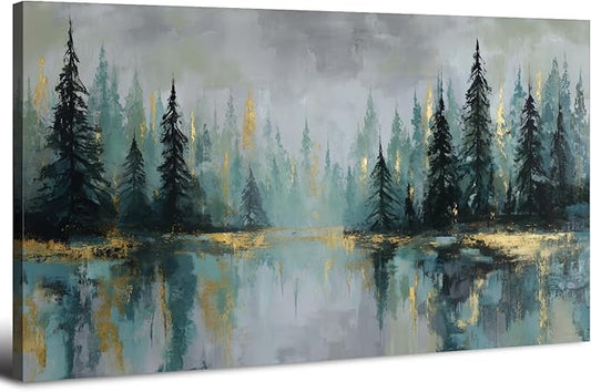 Green Forest Wall Art Vintage Fog Pine Trees Landscape Wall Decor Nature Green and Gold Forest Lake Scenery Canvas Prints Pictures Farmhouse Artwork for Kitchen Living Room Home Decorations 35x70"