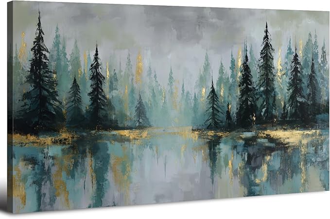 AIYISU Green Forest Wall Art Vintage Fog Pine Trees Landscape Wall Decor Nature Green and Gold Forest Lake Scenery Canvas Prints Pictures Farmhouse Artwork Kitchen Living Room Home Decorations 30x60