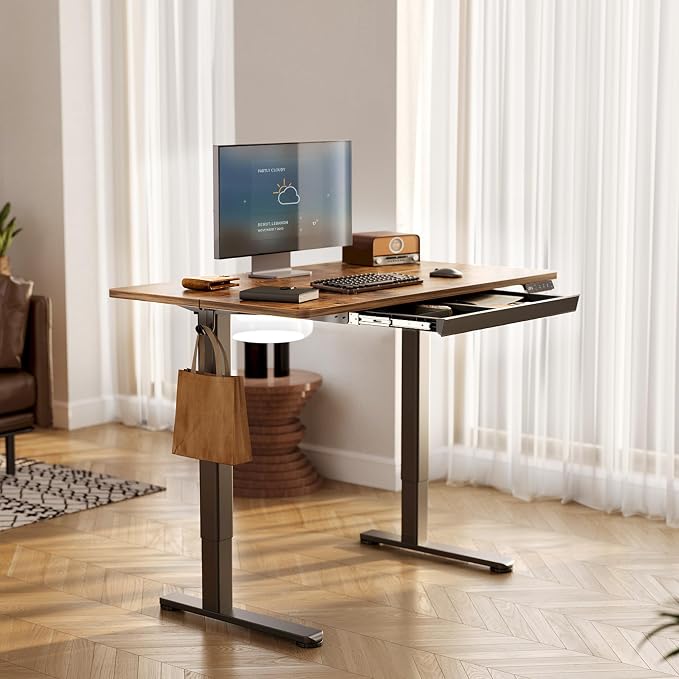 YDN Electric Standing Desk with Drawer 48 x 24 Inch Rustic Brown | Industrial-grade steel frame supports 176 lbs, 28.3 to 46.5 inch height range, 25.6 x 12.6 inch drawer with 11 lb capacity