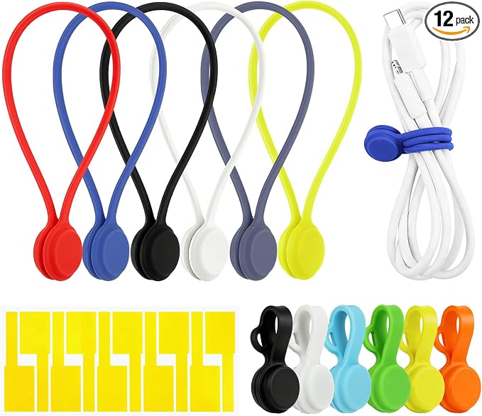 12pcs Silicone Magnetic Cord Organizer Cable Ties Reusable Clips, Cable Straps Phone Cord Holder for Bundling and Organizing, Book Marks, Fridge Magnets Colorful