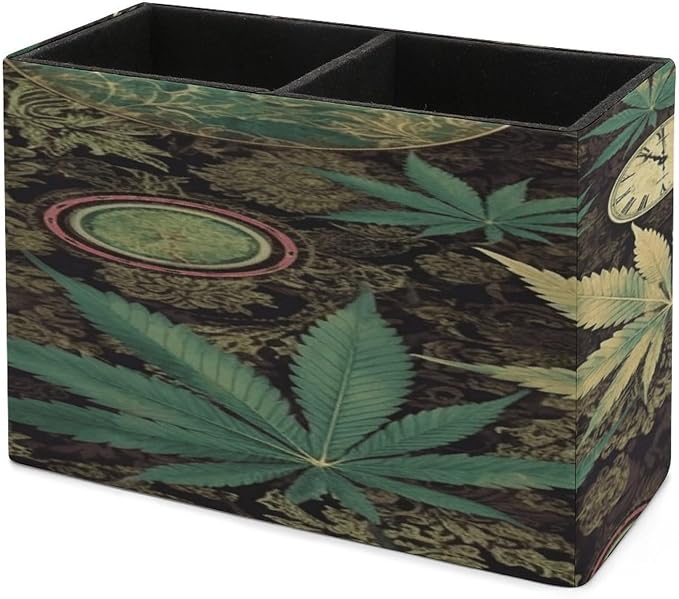 A Puff in Time Weed Marijuana Leather Pen Holder Exquisite Leather Pen Cup Pen Container Multifunctional Desktop Storage Box Round Pencil Cup Organizer for Office Home Desk Decor