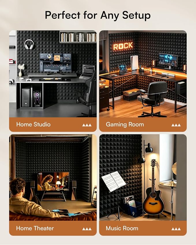 SODOCT 2 Pack Large Pyramid Acoustic Foam Panels, 48 x 24 x 2 Inches High Density Sound Proof Foam for Walls, Professional Sound Absorbing Studio Panels for Home Theater, Recording (Black)