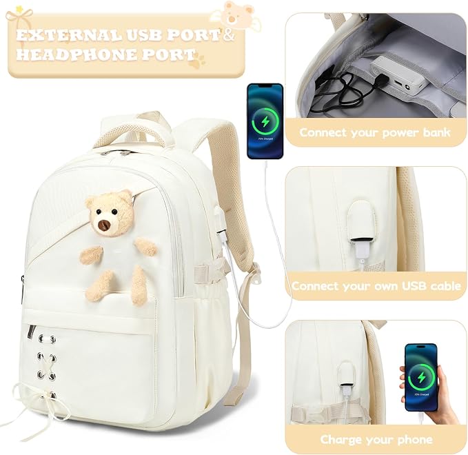 ACESAK School Backpack for Girls - 3 PCS Cute Girls Backpack with Lunch Box & Pencil Case - Kawaii Casual Kids Bookbag School Bag Daypacks Set for Elementary Middle High School Student Teens (Beige)