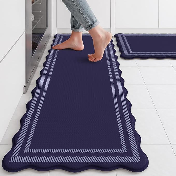 KIMODE Anti Fatigue Mats for Kitchen Floor,Farmhouse Kitchen Rugs Sets of 2 | Cushioned Kitchen Floor Mat, 17"x47"+17"x29" Comfort Laundry Room Rug, Navy Blue Runner Rugs for Home Decor Office Bath Sink