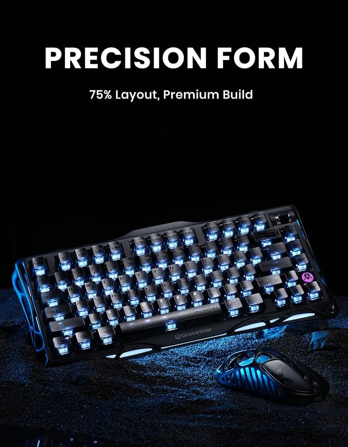 GravaStar Mercury K1 75% Wireless Gaming Keyboard, Aluminum Alloy Mechanical Keyboard with Knob, Hot Swappable, Linear Switches, Transparent Keycaps, RGB Backlit, 2.4GHz/BT5.0/USB【Stealth Black】