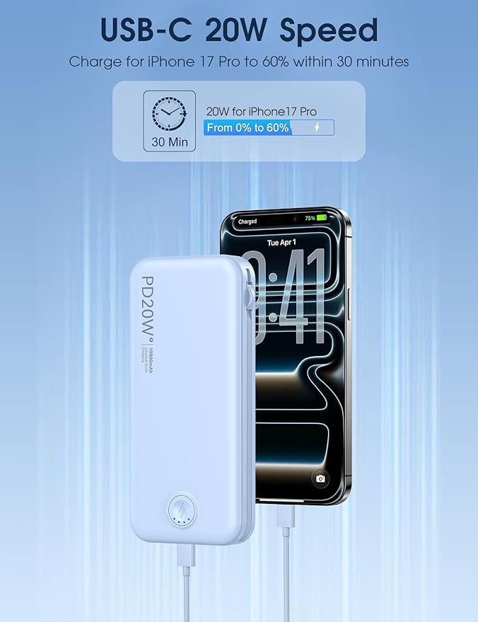 Nusyddy Portable Charger 10000mAh PD20W w/Built-in Cables & Wall Plug Blue | PD20W Fast Charging, Battery Indicator, Pass Through Charging, TSA Approved, Compact/Slim, Power Bank for iPhone/iPad/Samsung