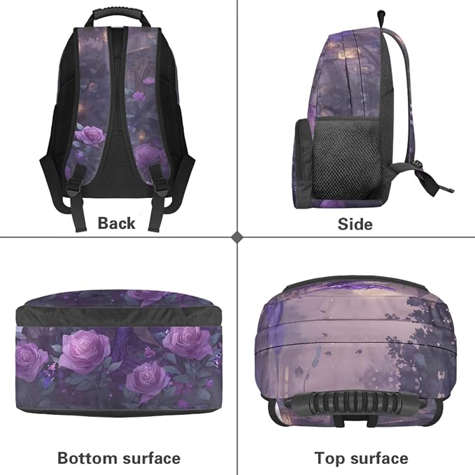 Purple Dragon Backpack for Girls Cute with Lunch Box, 17 Inch Large Capacity Bookbag 4PCS Set, Rose Castle Elementary School Bags for Kids Ages 6-10 Back to School