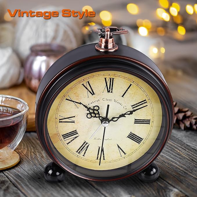 Vintage Analog Alarm Clock Classic2046, 5.25inch | Small Silent Desk Clock, Night Light, Battery Operated, For Table, Bedroom, Bedside, Living Room