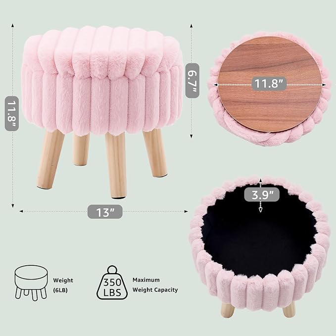 Wimarsbon Storage Ottoman, Modern Round Footrest with Soft Padded Seat, Teddy Velvet Footstool with Wood Legs, Accent Small Table or Plant Stand for Hallway, Living Room (Light Pink)