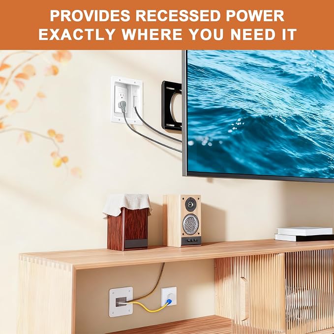 in Wall Cable Management Kit with Recessed Tv Outlet Box-Two-Hole Socket, 9ft Cord,Tv Cable Hider Wall Kit Hider Box Fits All Plugs, Easy, Safe Cable Management