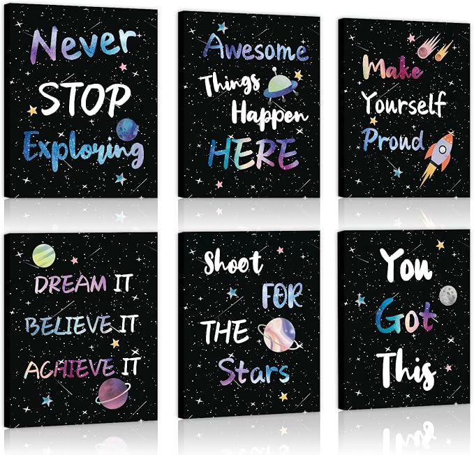 CHDITB Space Themed Canvas Wall Art, Galaxy Inspirational Quotes Decor, Outer Space Motivational Framed Poster, Astronaut Room Wall Art, Celestial Kids Bedroom Decoration, Cosmic Nursery Prints 8”X10”X6