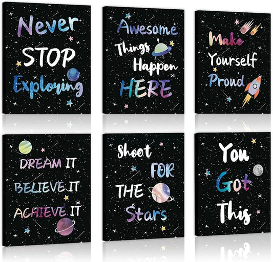 CHDITB Space Themed Canvas Wall Art, Galaxy Inspirational Quotes Decor, Outer Space Motivational Framed Poster, Astronaut Room Wall Art, Celestial Kids Bedroom Decoration, Cosmic Nursery Prints 8”X10”X6