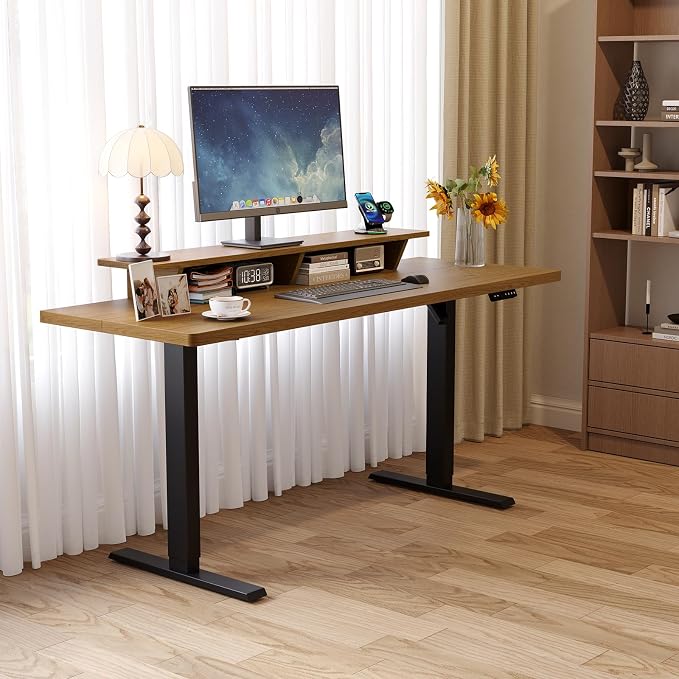 63 x 24 Inches Electric Standing Up Desk with Monitor Shelves,Height Adjustable Computer Desk from 28-46''with Memory Controller,Modern Home Office Desk for Work,Study,Oak Brown