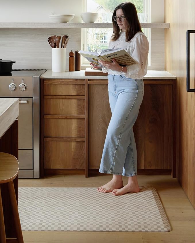 House of Noa Nama Standing Mat – Anti-Fatigue Cushioned Kitchen Mats for Floor | Ergonomic Bounce-Back Foam Kitchen Mats | Anti-Fatigue Mats for Kitchen & Standing | Checker Almond | 22" x 72"
