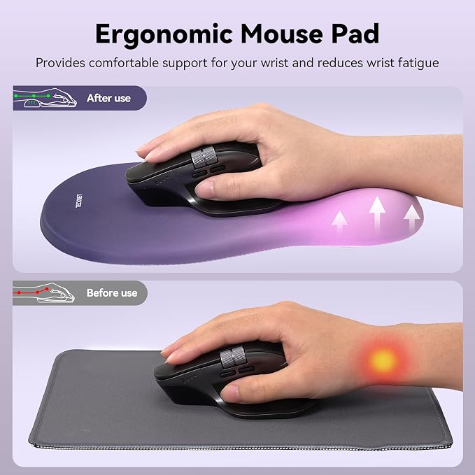 TECKNET Ergonomic Mouse Pad with Wrist Rest, Memory Foam Mousepad with Wrist Support, Smooth Surface, Middle Concave & Non-Slip Base for Laptop/PC, Pain Relief for Home Office Gaming, Gradient Purple