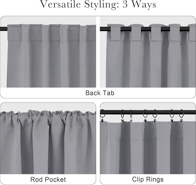PONY DANCE Blackout Curtains for Bedroom, Room Darkening 96 inch Curtains 2 Panel Set, Thermal Insulated Drapes for Living Room Window Treatment, Back Tab/Rod Pocket, 52 x 96 Inch, Silver Grey