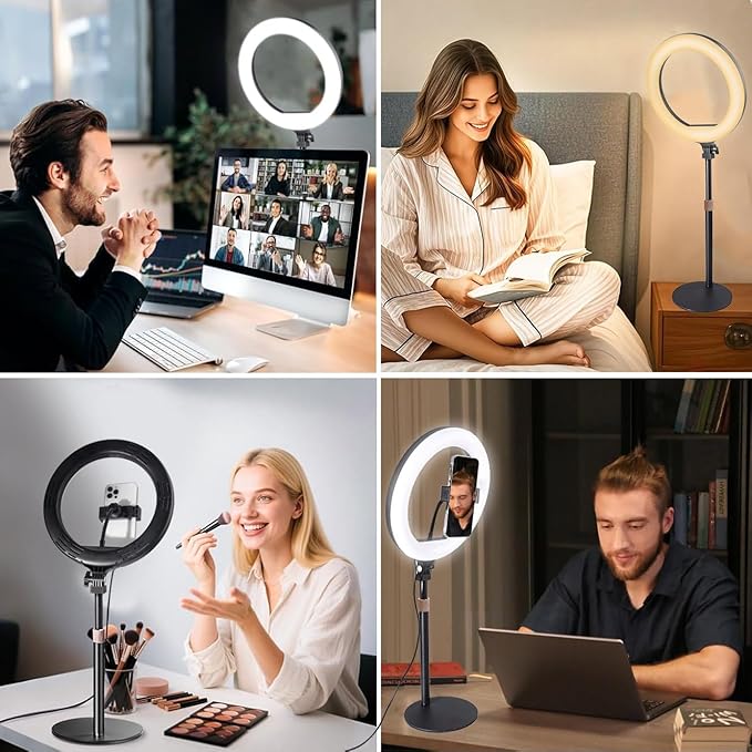 10” Desk Ring Light with Stand, LED Circle Light with Phone Holder for Computer Laptop Zoom Meetings, Video Calls, Streaming, Online Classes, Home Office