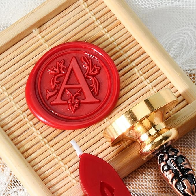 Wax Seal Stamp kit, Envelope Wax Seals DIY Kit - Retro Sealing Wax Candle + Classic Initial Alphabet Seal Wax Seal Stamp Letter A - in Blue Gift Box