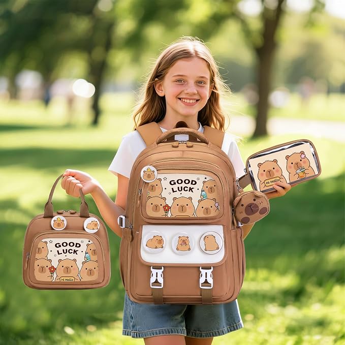 Capybara Backpack for School Girls, 30PCS Capybara Gifts School Supplies Stationery Set with Lunch Box Pencil Case Pens Pencils Notebook Cartoon for Kindergarten Elementary Student(Brown)