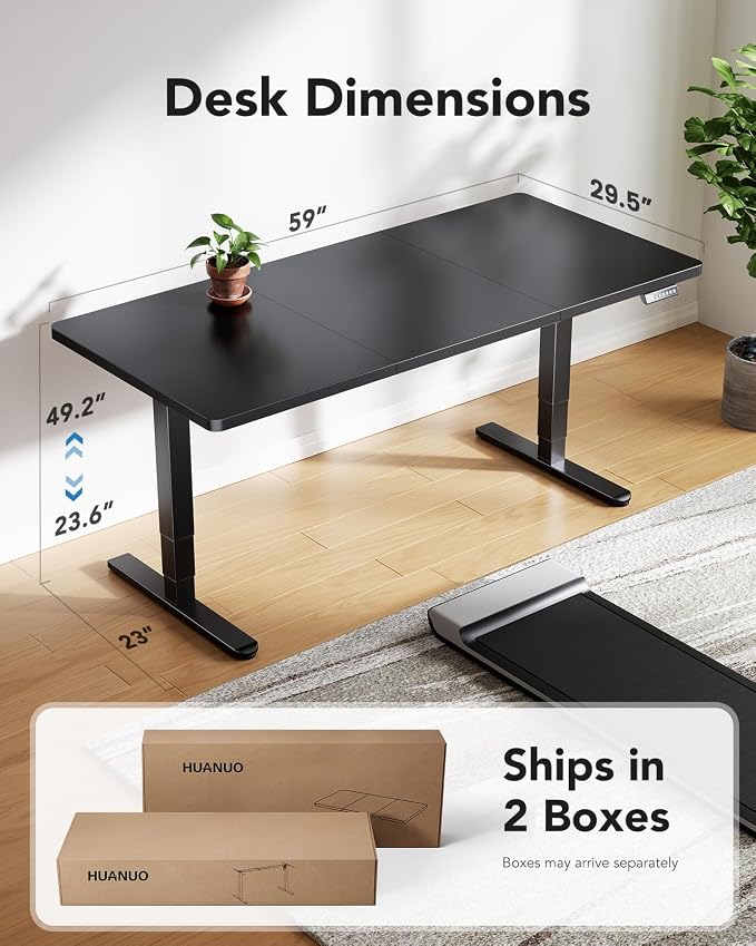 HUANUO 59x30 Inch 3-Stage Legs Electric Standing Desk, Large Height Adjustable Office Desk with Brushless Motor, Stand Up Desk with 4 Memory Presets & 2 Hooks, Computer Desk for Home Office, Black
