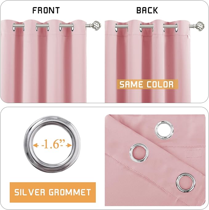 RYB HOME 3-in-1 Noise - Blackout - Thermal Insulation Living Room Window Curtains, Inside Detachable Felt Liner for Noise Reduce/Daytime Sleep/Bedroom, Pink, Wide 52 x Long 84 in, 1 Pair