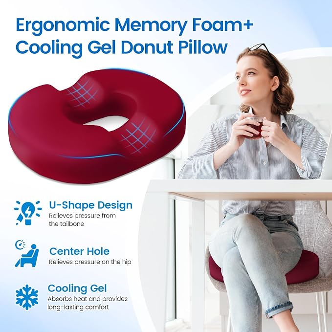 Donut Pillow Seat Cushion, Cooling Gel Memory Foam Chair Cushion, Red | Office, Home & Car Seat Cushion, Butt Pillow for Tailbone Pain Relief, Hemorrhoids and Everyday Sitting Comfort