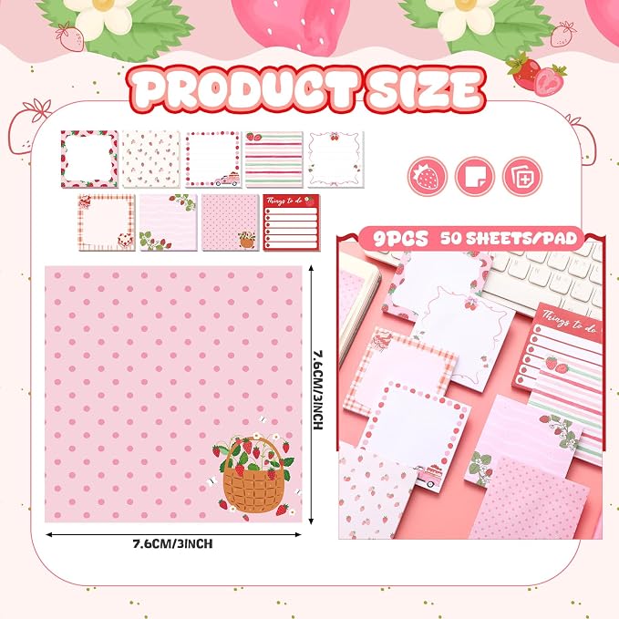 9 Pads Cute Sticky Notes Cartoon Self Stick Notepads 3x3 Inches Notes Adhesive Memo Pad Office Decor Gifts for Students School Teacher Office Meeting(Strawberry)
