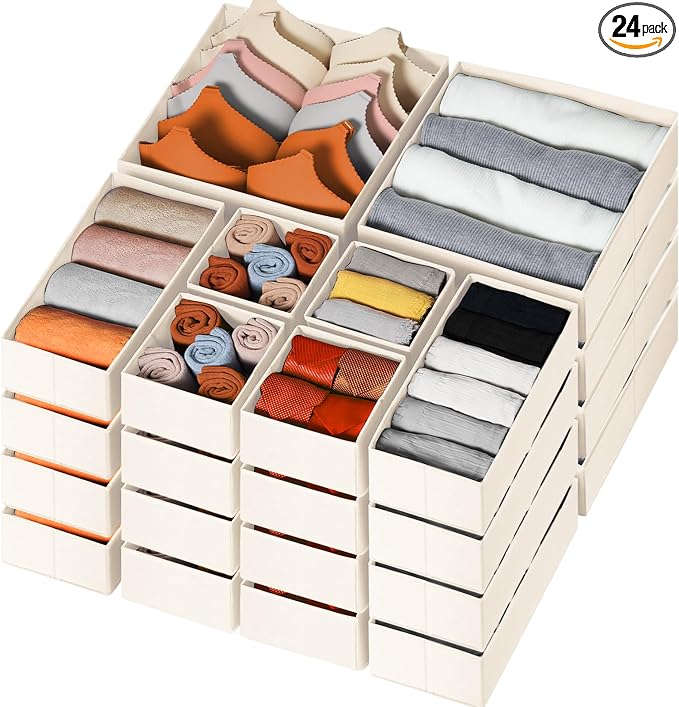 Drawer Organizer Clothes, 24 Pack Dresser Organizer Bins for Nursery Bedroom, Closet Organization and Storage Dividers for Clothing, Baby Clothes, Underwears, Socks (Beige)