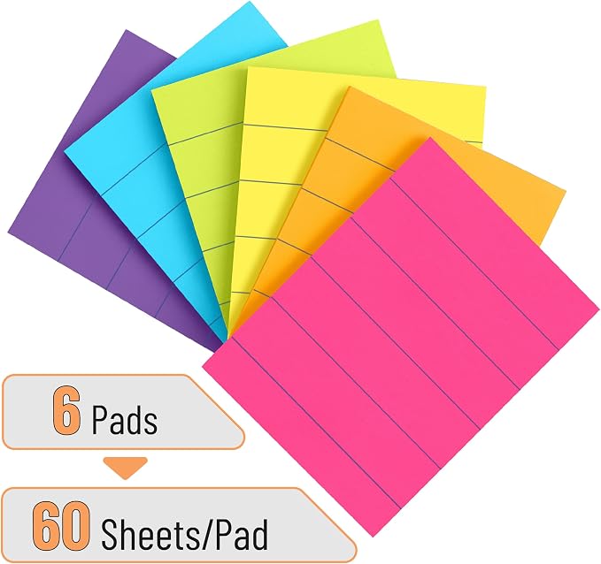 Mr. Pen- Small Lined Sticky Notes, 1.5" x 2", 6 Pads, 60 Sheets/Pad | Vibrant Color, Small Sticky Notes with Lines, Ruled Post Stickies, Memo Pads, Self-Stick Note Pad for Office, School, Home