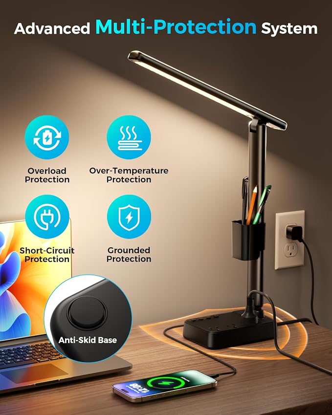 LED Desk Lamp with Power Strip, 3 AC Outlets & 4 USB Ports (2 USB-C), Stepless Dimming & 2800K-6500K Eye-Caring Desk Light, Foldable Table Lamp for Home Office, Dorm Room Essentials(10FT)
