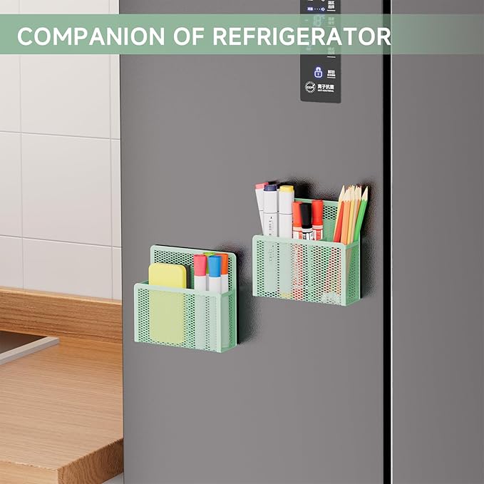 Marbrasse Magnetic Dry Erase Marker Holder, Mesh Pen Holder for Whiteboard，Magnet Pencil Organizer Storage for Refrigerator Locker Accessories Organizer for Home, School and Office(Green)