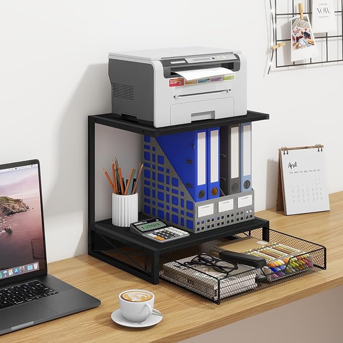 ELITEROO 2-Tier Printer Shelf with Drawers, Wooden Desk Shelf for Printer | Small Printers Shelf for Office Supplies, Desktop Storage Rack for Books, Folders, Scanner, Fax Machine, 3D Printer, Black