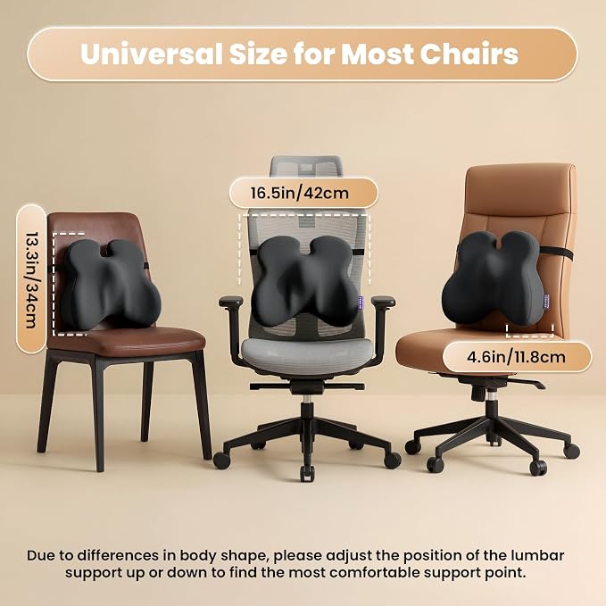 ZZ-WELL Lumbar Support Pillow for Office Chair - Ergonomic Back Support Cushion for Mid Lower Back Pain Relief, Posture Improved - Adjustable Straps, Breathable & Removable Cover (Black)