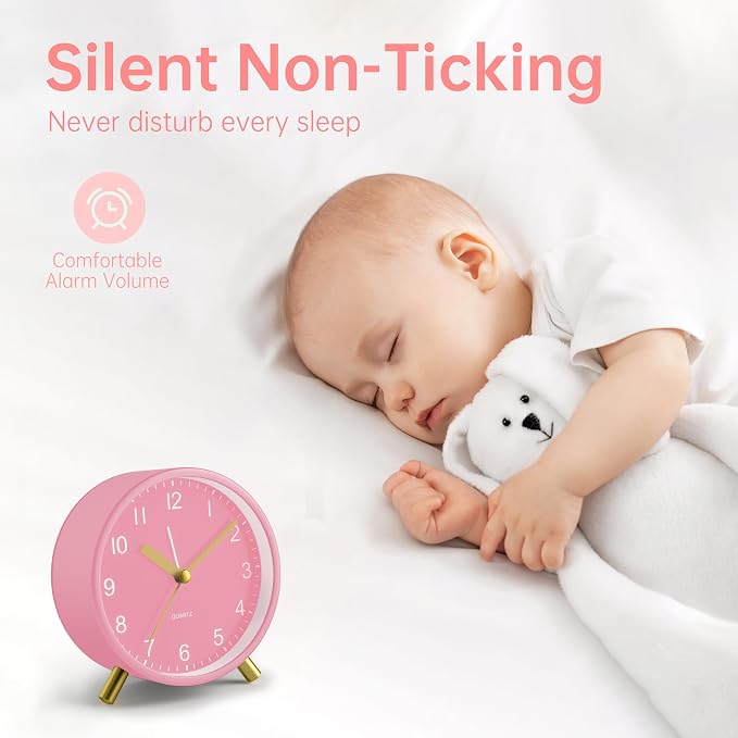 JALL Analog Alarm Clock, 4 inch Super Silent Non Ticking Small Clock with Night Light, Battery Operated, Simple Design, Easy Setting for Office, Bedroom, Bedside, Desk, Teens, Elders, Adult, Pink